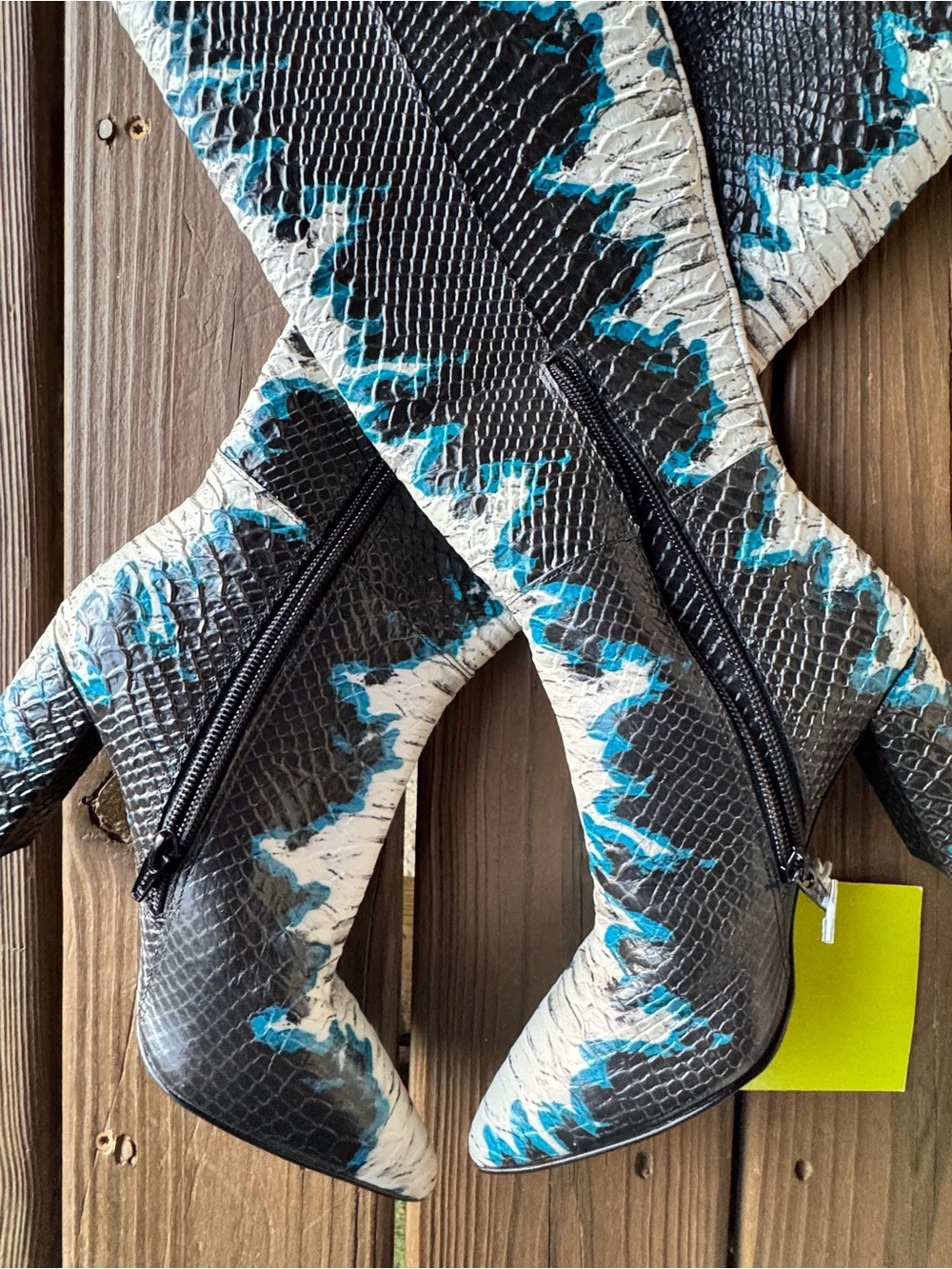 Gianni Bini Black, White and Teal Knee-High Snake-Texture Boots